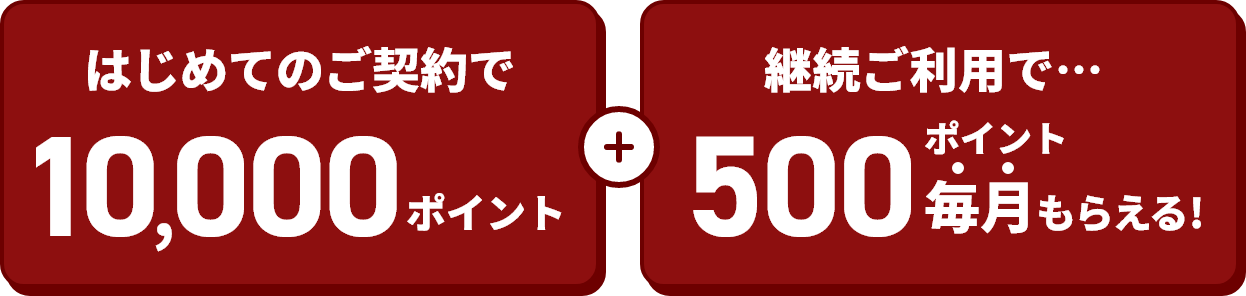 はじめてのご契約で10,000ポイント＋継続ご利用で毎月500ポイントもらえる！