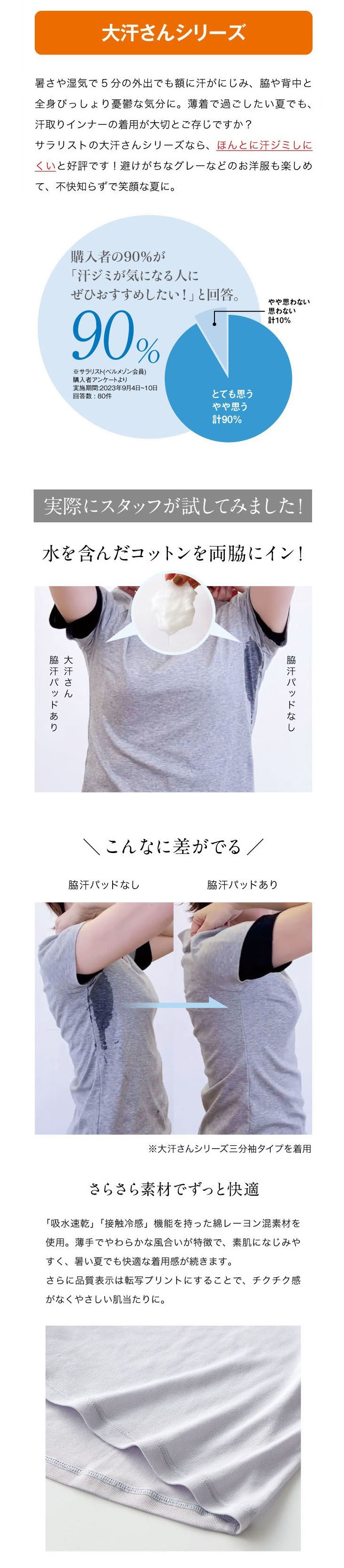 【新色追加】 汗取りインナー・綿混ワイドネックフレンチ袖(大汗さん) サラリスト/Salalist