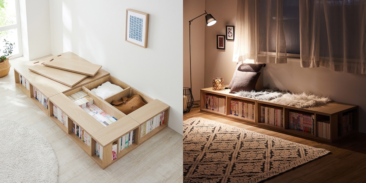 ずらっと本が並ぶベッドになるマルチユニット