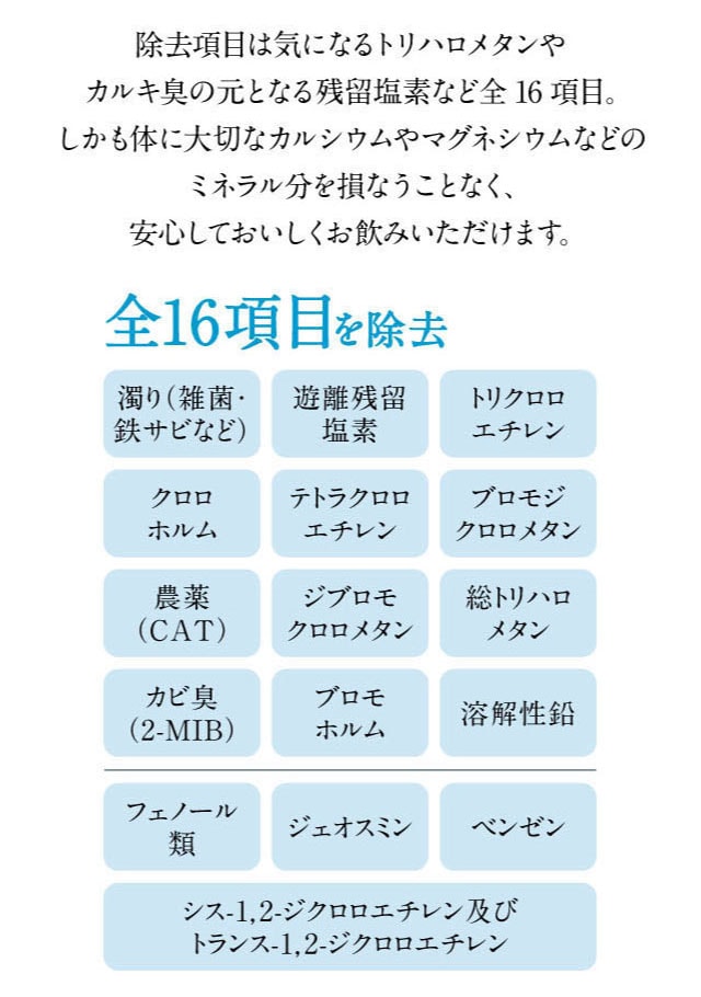 カートリッジの除去項目は気になるトリハロメタンやカルキ臭の元となる残留塩素など16項目。体に大切なカルシウムやミネラル分を損なうことなく、安心してお飲みいただけます。