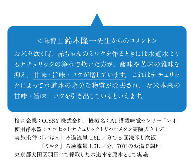 味博士鈴木隆一先生からのコメント「お米を炊く時、赤ちゃんのミルクを作る時にナチュリックの浄水を使うと水道水の余分な物質が除去され、本来の甘味・旨味・コクを引き出していると言えます。」