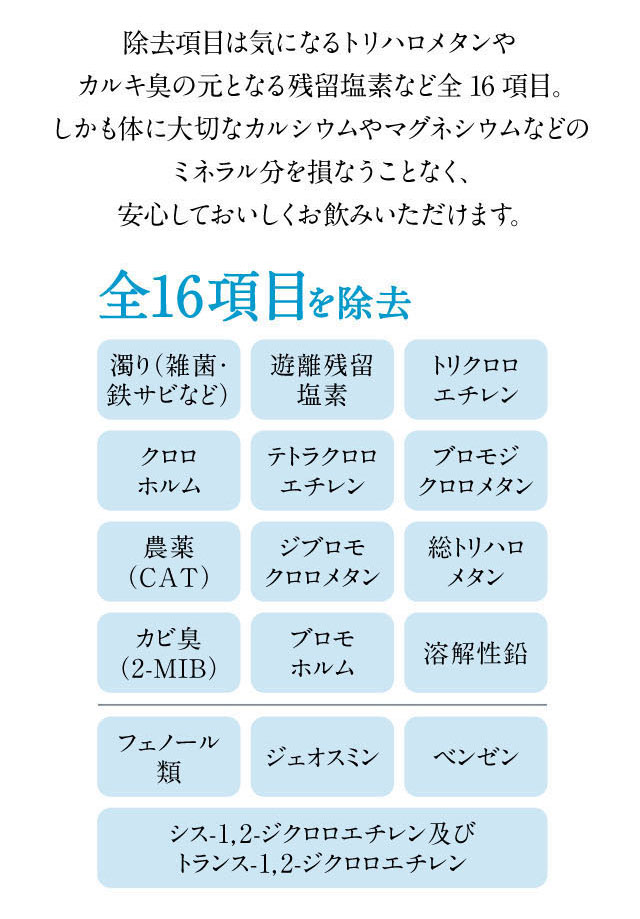 カートリッジの除去項目は気になるトリハロメタンやカルキ臭の元となる残留塩素など16項目。体に大切なカルシウムやミネラル分を損なうことなく、安心してお飲みいただけます。