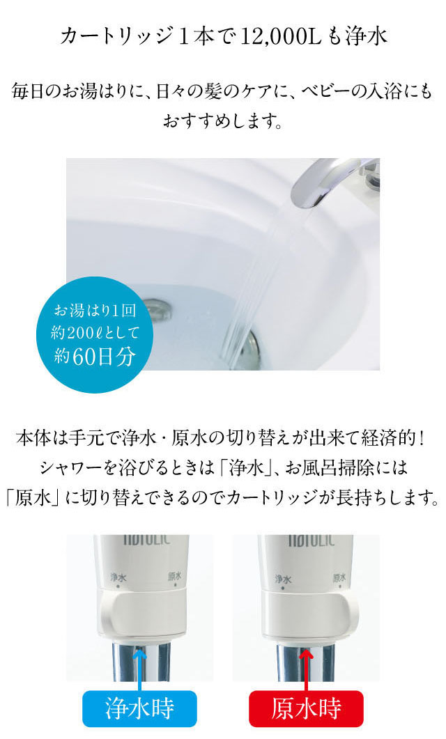 カートリッジ1本で12,000L浄水。日々の髪のケアに、ベビーの入浴にもおすすめです。お湯はり1回約200Lとして約60日分。シャワー時は浄水、お風呂掃除には原水に切り替えできるのでカートリッジが長持ちします。