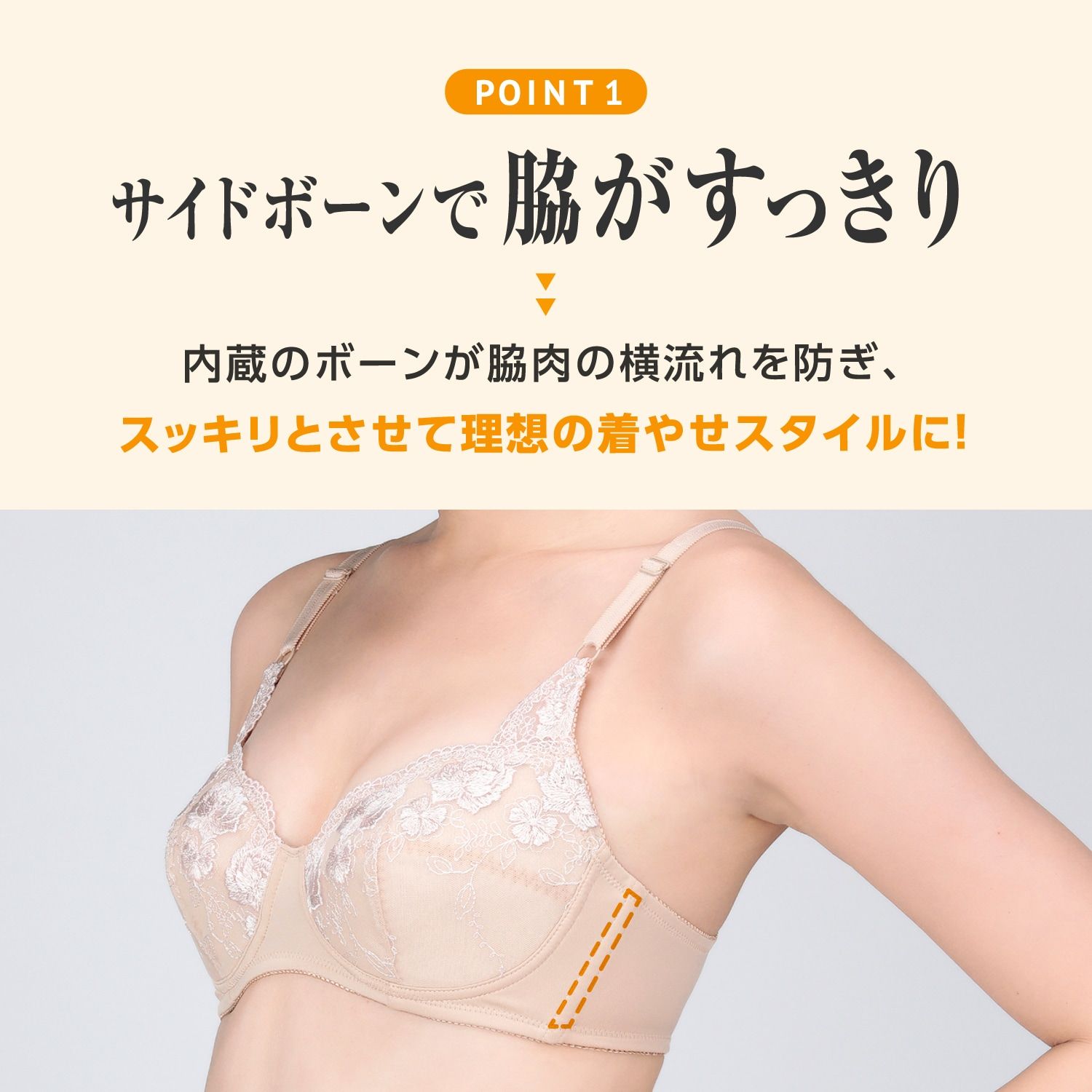 サイドボーンで脇肉をしっかりキープ