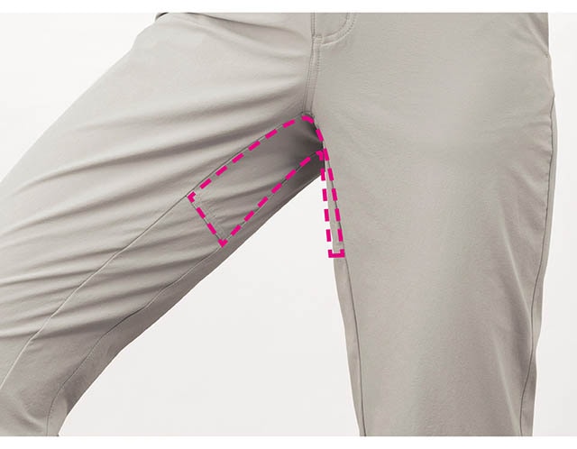 ひし形に縫い合わせた股部のマチ設計で脚上げがラク