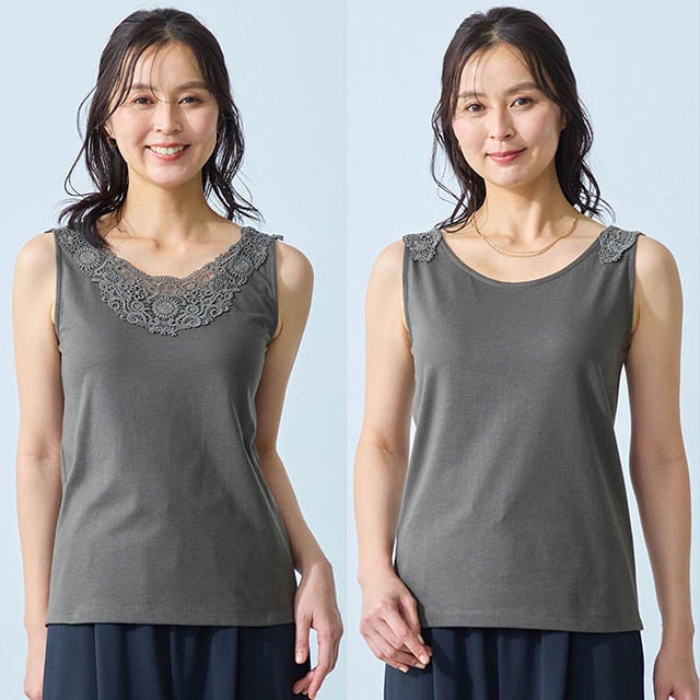 前後2WAY仕様で着こなしに合わせて異なるレースの表情が楽しめる