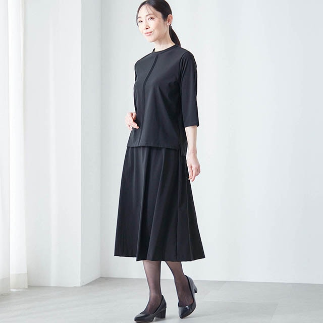 ふんわりとしたAラインが腰まわりをほどよくカバー