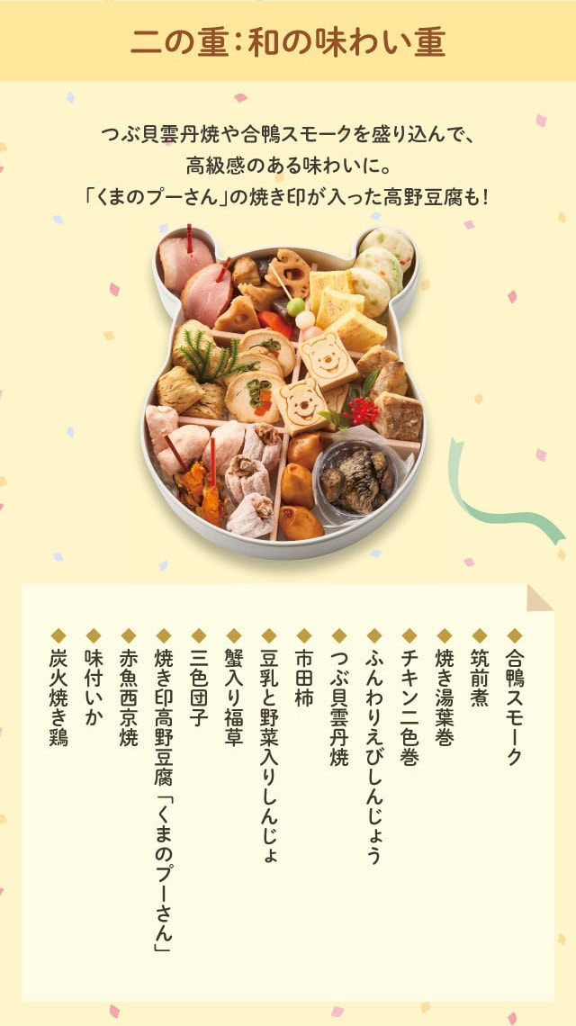 二の重:和の味わい重 つぶ貝雲丹焼や合鴨スモークを盛り込んで、高級感のある味わいに。「くまのプーさん」の焼き印が入った高野豆腐も! ◆合鴨スモーク ◆筑前煮 ◆焼き湯葉巻 ◆チキン二色巻 ◆ふんわりえびしんじょう ◆つぶ貝雲丹焼 ◆市田柿 ◆豆乳と野菜入りしんじょ ◆蟹入り福草 ◆三色団子 ◆焼き印高野豆腐「くまのプーさん」 ◆赤魚西京焼 ◆味付いか ◆炭火焼き鶏