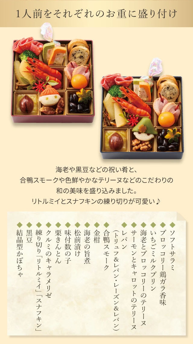 1人前をそれぞれのお重に盛り付け 海老や黒豆などの祝い肴と、合鴨スモークや色鮮やかなテリーヌなどのこだわりの和の美味を盛り込みました。リトルミイとスナフキンの練り切りが可愛い♪