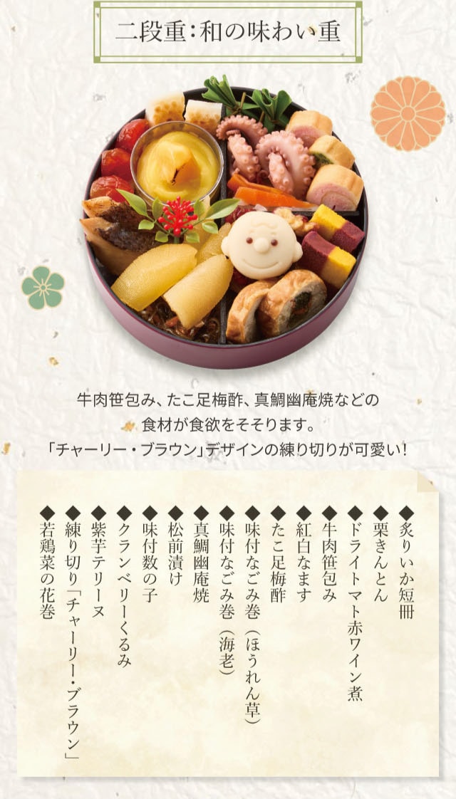 二段重:和の味わい重 牛肉笹包み、たこ足梅酢、真鯛幽庵焼などの食材が食欲をそそります。「チャーリー・ブラウン」デザインの練り切りが可愛い! ◆炙りいか短冊 ◆栗きんとん ◆ドライトマト赤ワイン煮 ◆牛肉笹包み ◆紅白なます ◆たこ足梅酢 ◆味付なごみ巻(ほうれん草) ◆味付なごみ巻(海老) ◆真鯛幽庵焼 ◆松前漬け ◆味付数の子 ◆クランベリーくるみ ◆紫芋テリーヌ ◆練り切り「チャーリー・ブラウン」 ◆若鶏菜の花巻