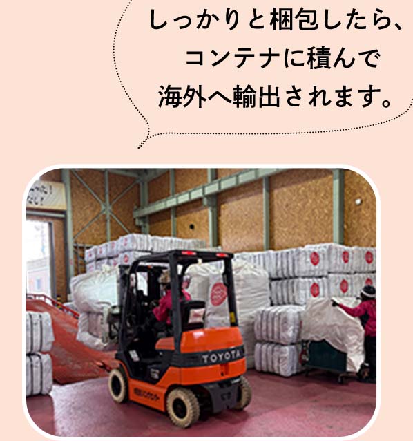 しっかりと梱包したら、コンテナに積んで海外へ輸出されます。