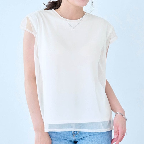 チュールレイヤード風カップ付きノースリーブTシャツ チュールレイヤード風カップ付きノースリーブTシャツ