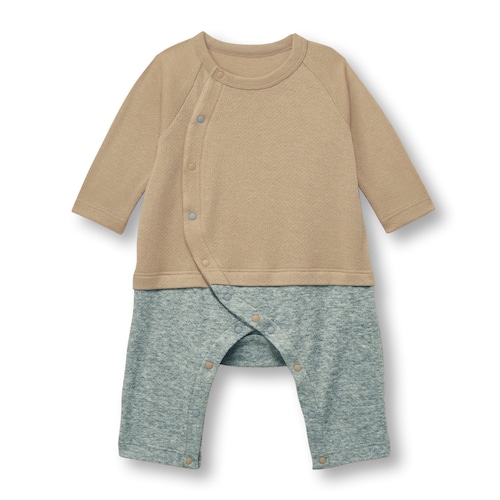 レイヤード風長袖前開きカエルロンパース 【ベビー服】