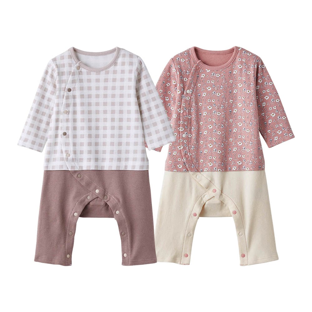 ＜２枚組＞（スムース）グレージュ系ギンガム＆ピンク系小花柄