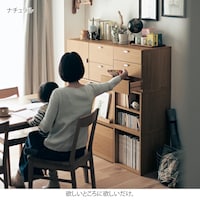 ナチュラル／扉、引出し２杯、引出し３杯、フラップ×２、棚付き、ワゴン、オープン