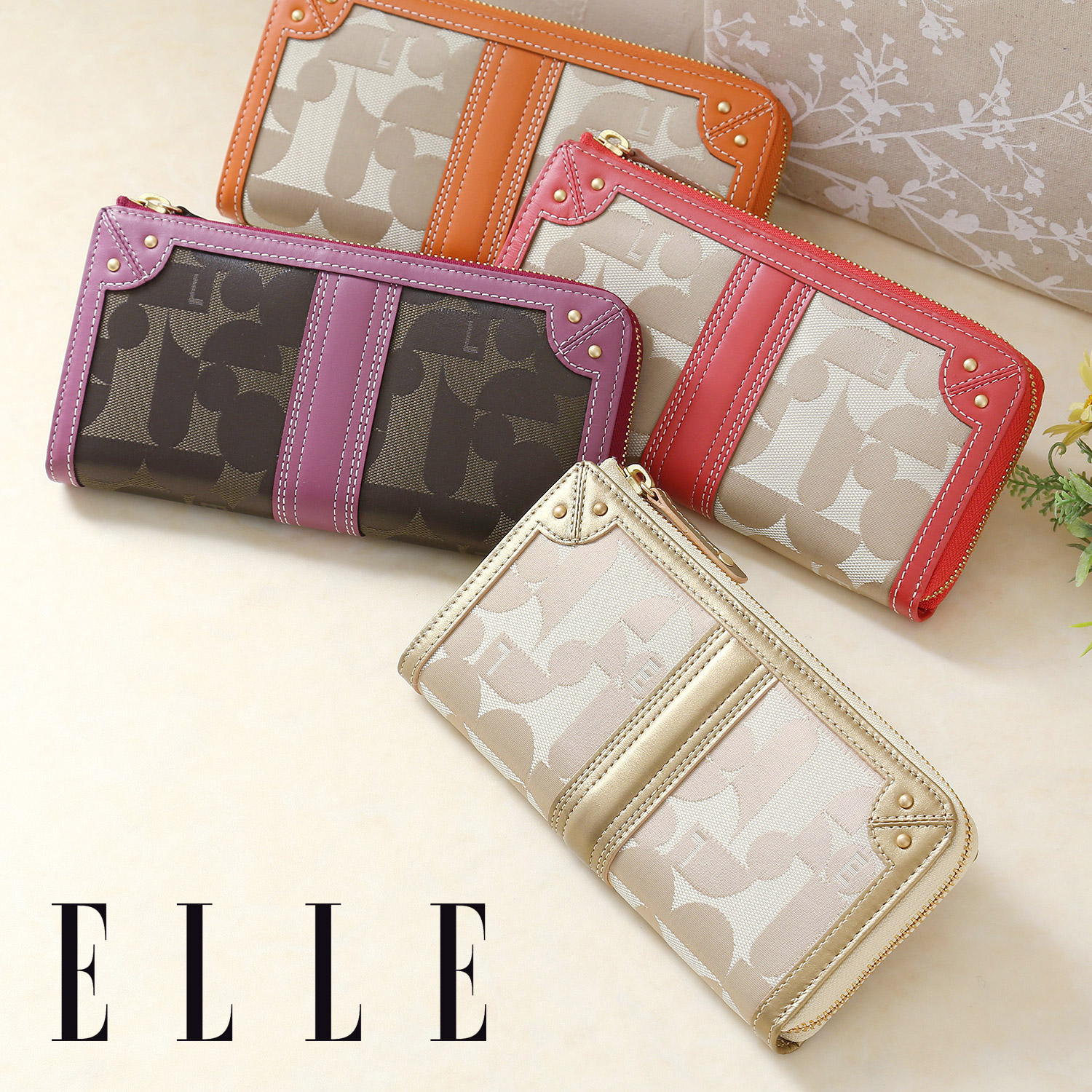 【エル/ELLE】本革使いジャガードロゴ長財布【多収納】