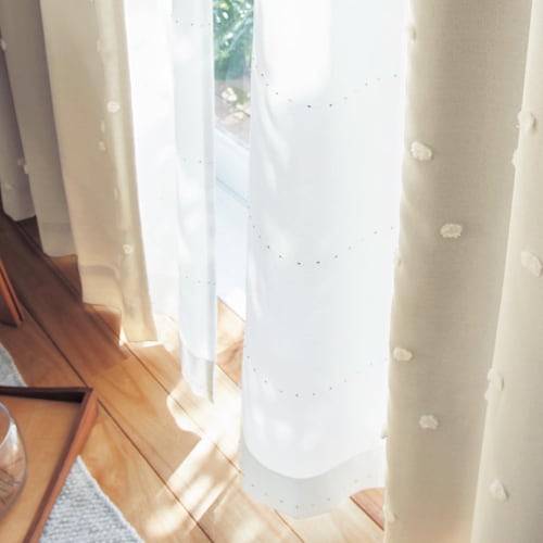 【オーダー】ぽんぽんデザインのＵＶカット・遮熱・遮像ボイルのオーダーカーテン［日本製］
