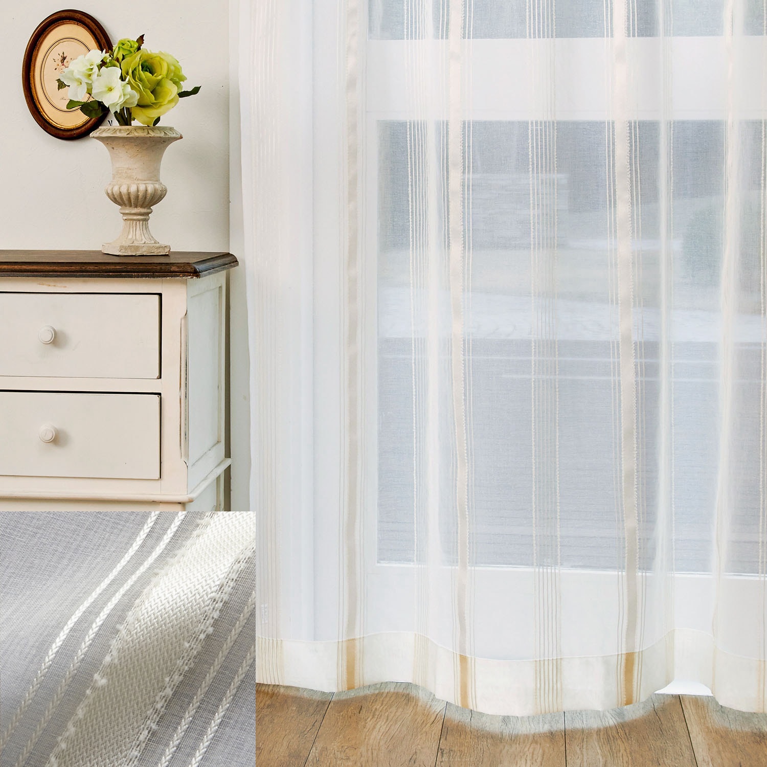 【ベルメゾン】透け感のあるストライプのトルコ刺繍レースカーテン