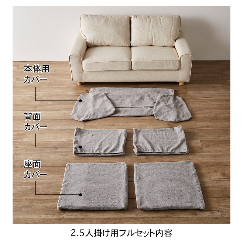 フルセットの内容：座面クッション用カバー２枚、背面クッション用カバー２枚、本体用カバー１枚