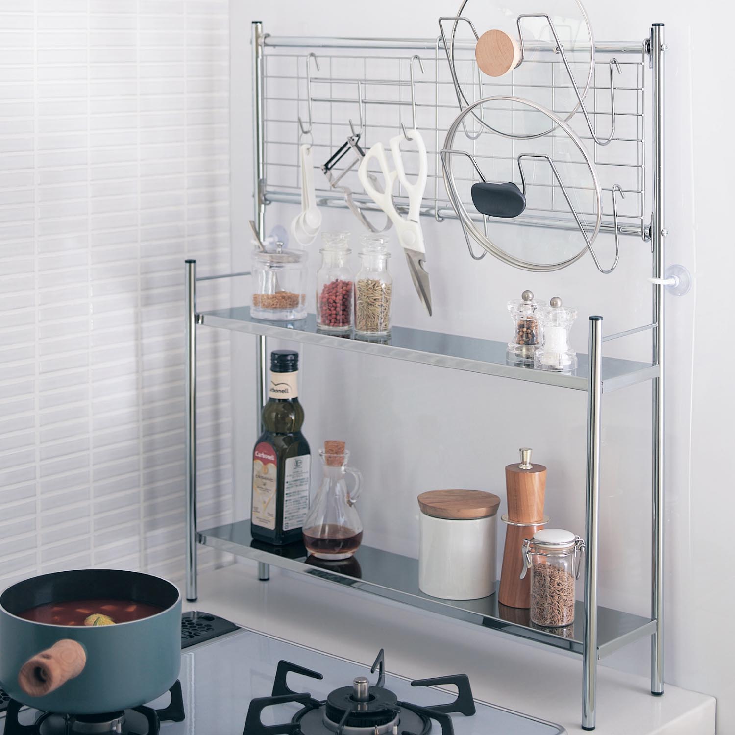 コンロサイド棚付ネットパネル付ラック <幅40/幅55cm>【コンロ奥・コンロ横】 コンロサイド棚付ネットパネル付ラック <幅40/幅55cm>【コンロ奥・コンロ横】