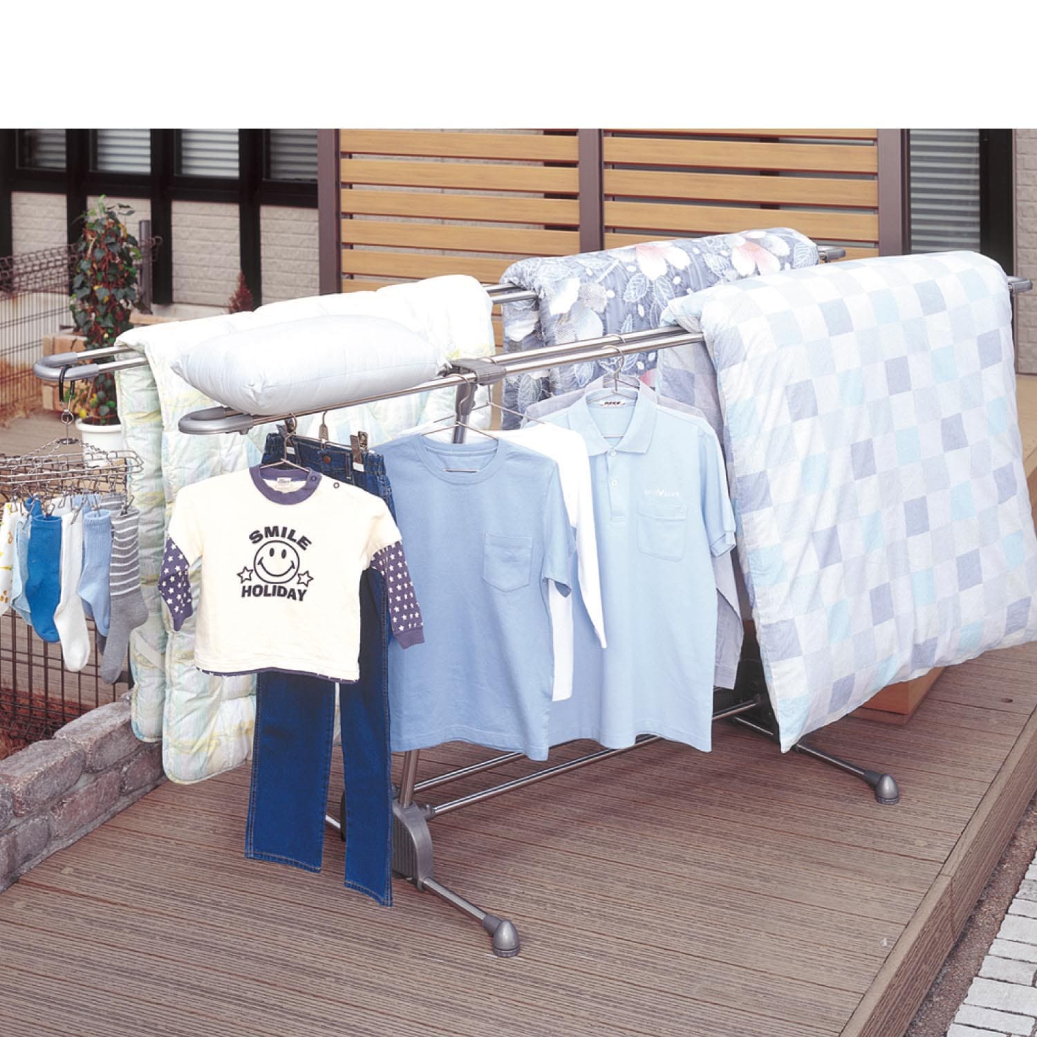 【セキスイ/SEKISUI】洗濯量に合わせて幅伸縮できるダブルバー仕様で通気性抜群のベランダ・屋外物干し画像