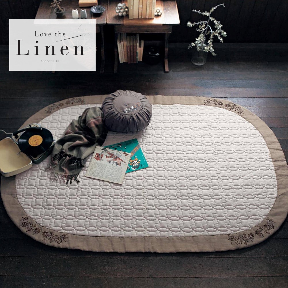 【ラブザリネン/Love the Linen】額縁刺繍のフレンチリネンキルトラグ 【ラブザリネン/Love the Linen】額縁刺繍のフレンチリネンキルトラグ