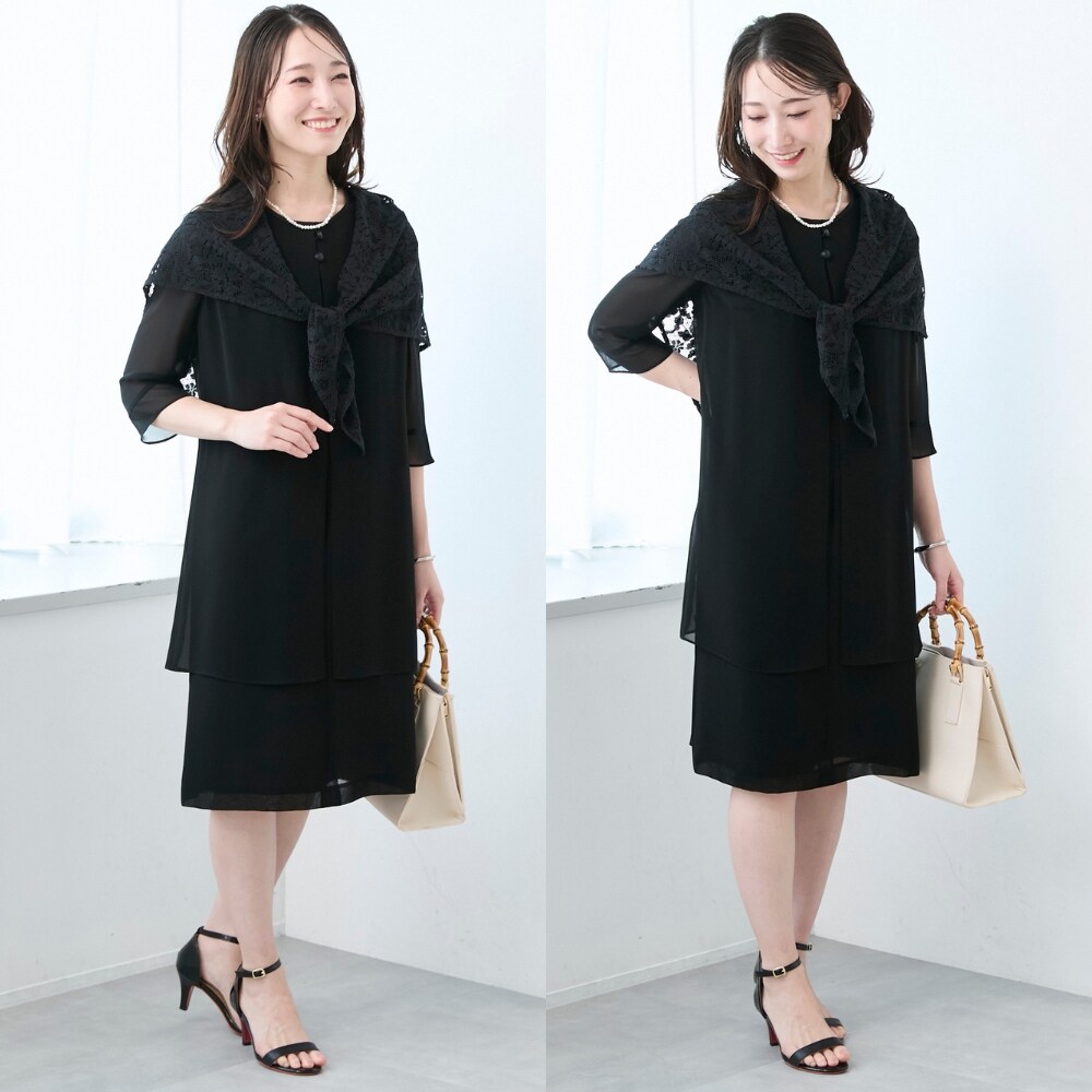 【中古】 ネグリジェは喪服 重ね着風フォーマルワンピース（喪服/礼服）｜夏用ブラックフォーマル
