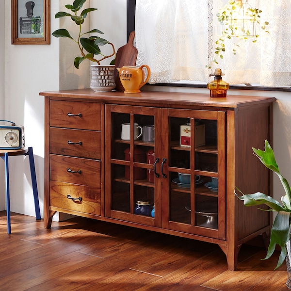 【ベルメゾン】レトロ調ガラス扉付きリビングキャビネット