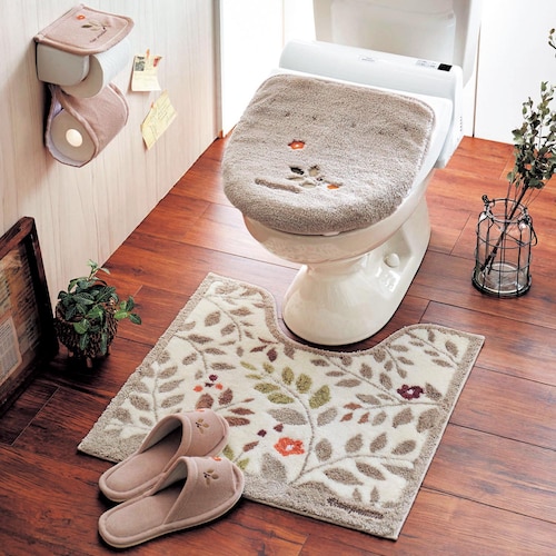 リーフ柄の抗菌防臭トイレマット・フタカバー(単品・セット)