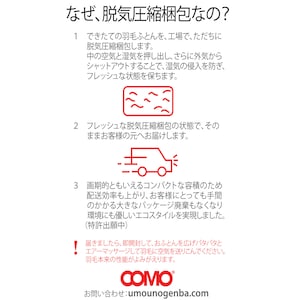 コンパクトなお届けでエコ。お布団は広げてぱたぱたと振っていただくと羽毛が早くよみがえります。