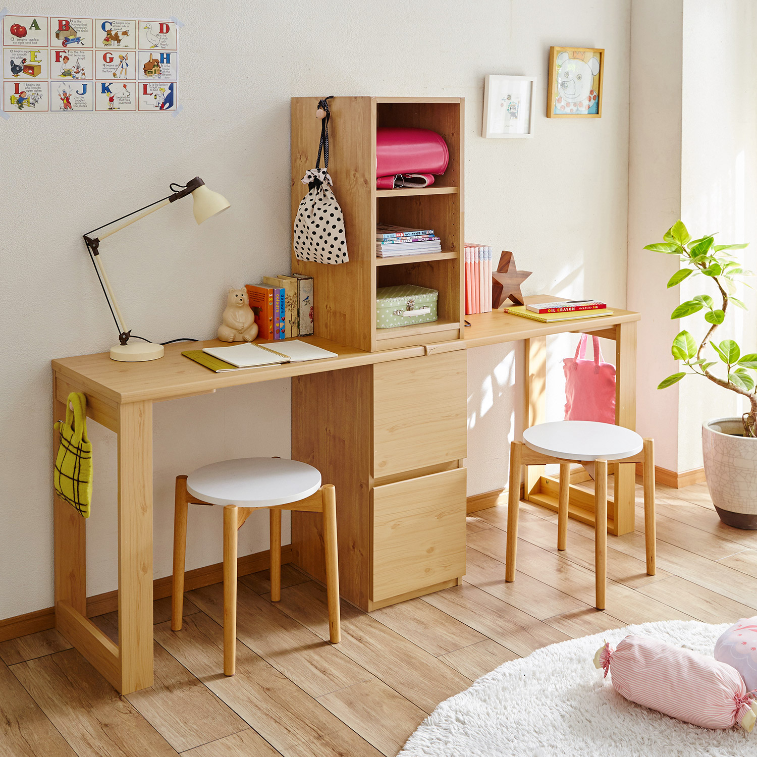 【ベルメゾン】リビングにも合わせやすい引出し付きツインデスクセット 【ベルメゾン】リビングにも合わせやすい引出し付きツインデスクセット