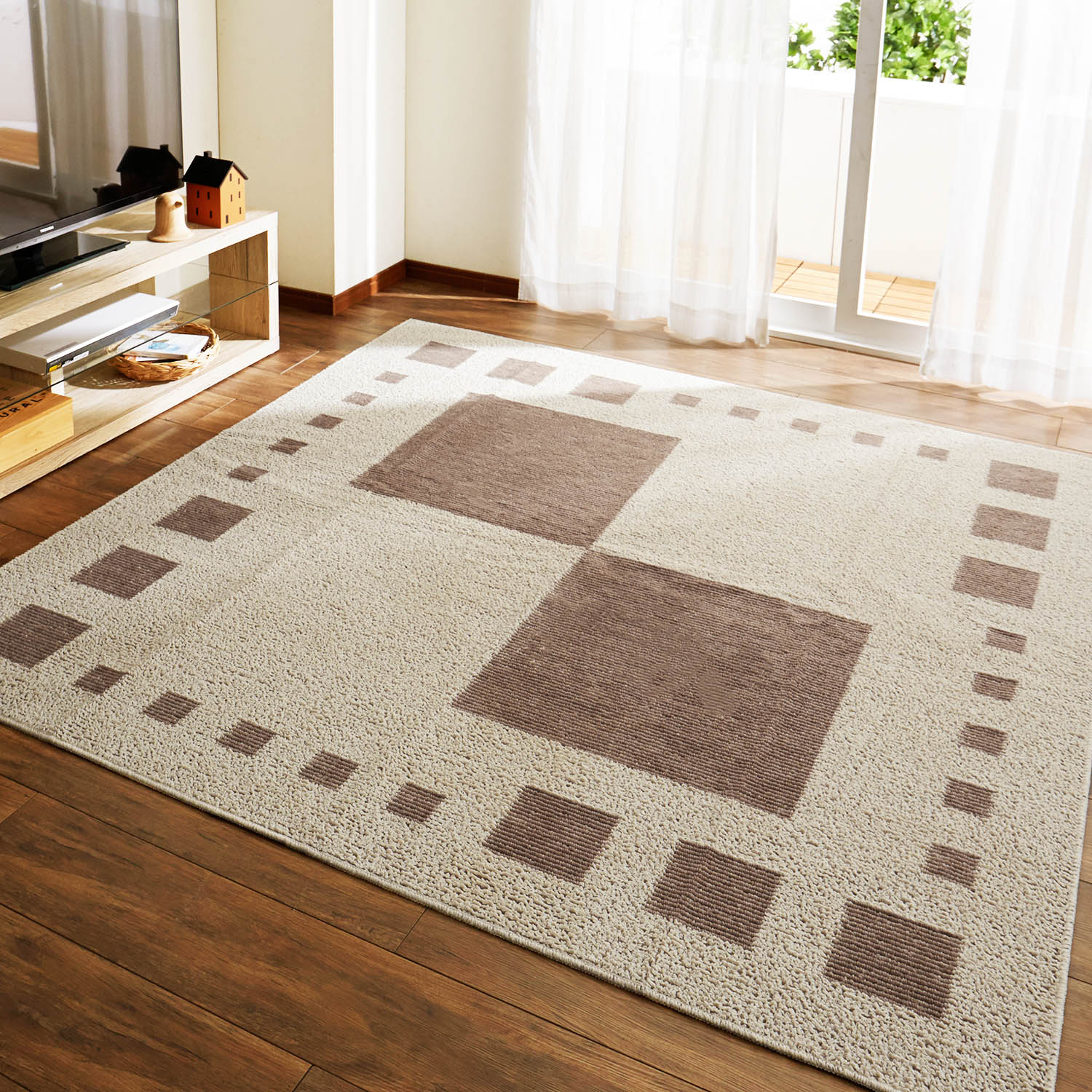 【ベルメゾン】ブロック柄の洗える綿混ラグ