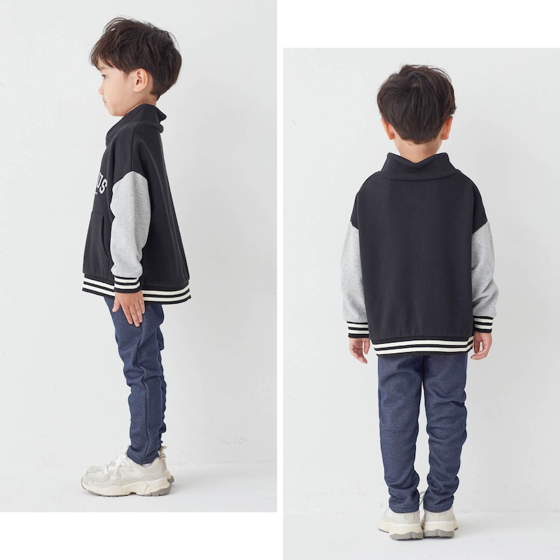 ネイビー（デニム風ニット）／モデル身長107cm・110サイズ着用