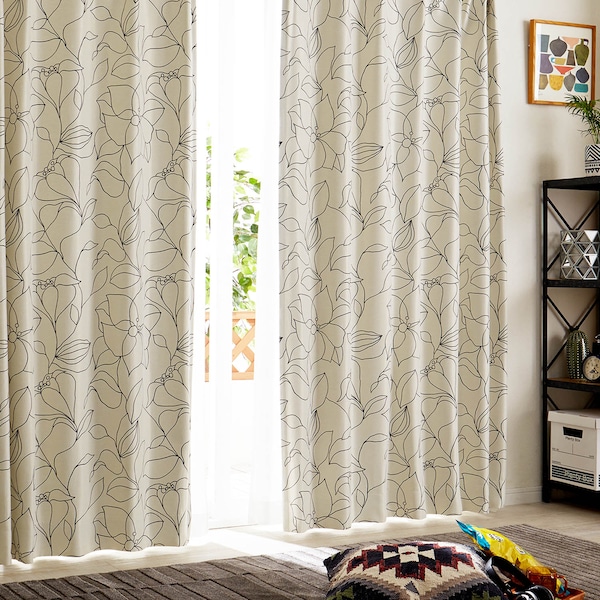 【ベルメゾン】【58サイズ】 モダンなモノクロフラワー柄の遮光カーテン