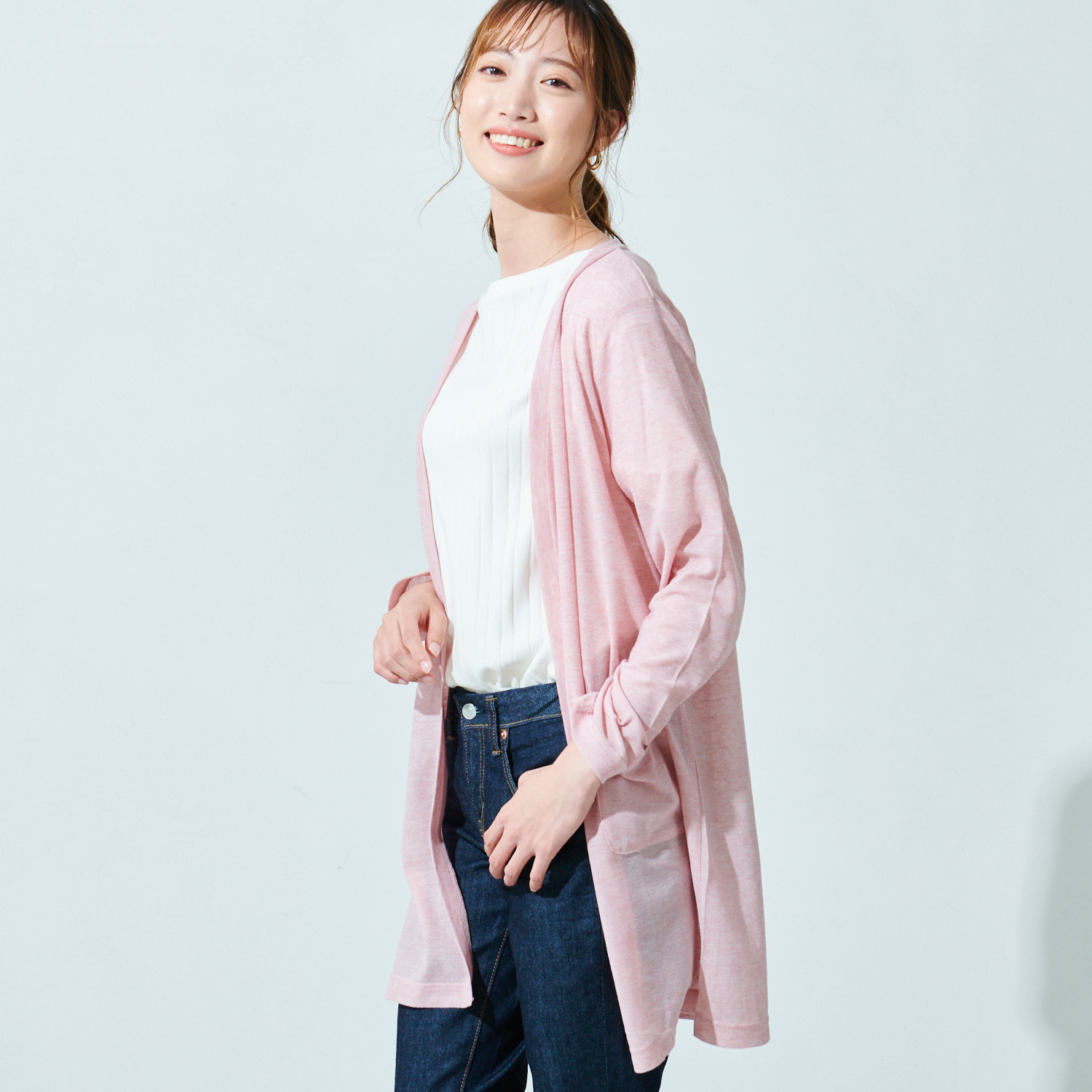 綿混梨地素材のトッパーロングカーディガン 綿混梨地素材のトッパーロングカーディガン