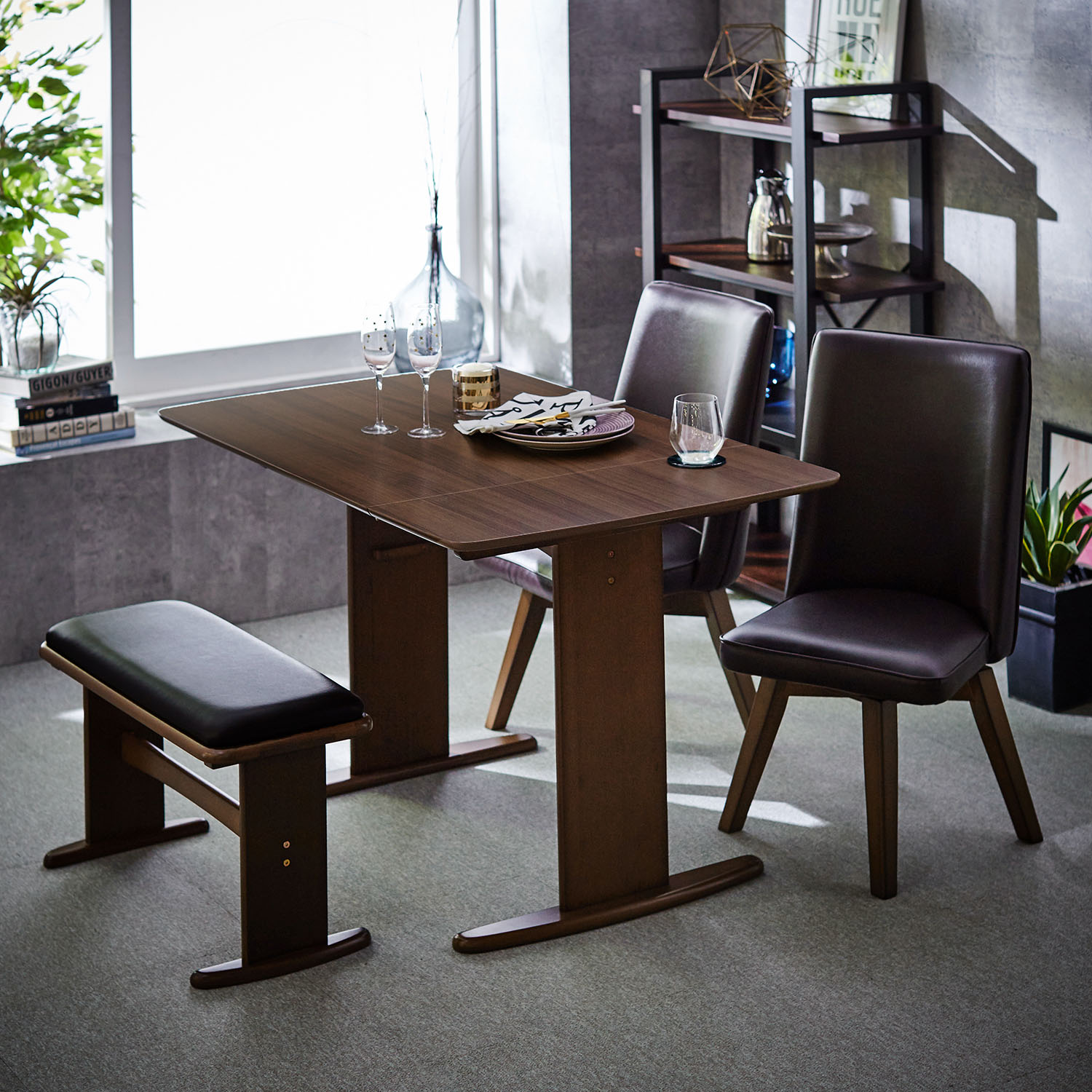 【ベルメゾン】ベンチが収納できる!バタフライ伸長式天板のダイニングテーブル(4点セット)