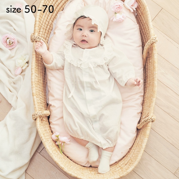 【ベルメゾン】フード付き天竺ラウンドヨーク切替えドレスオール 【ベビー服 新生児】