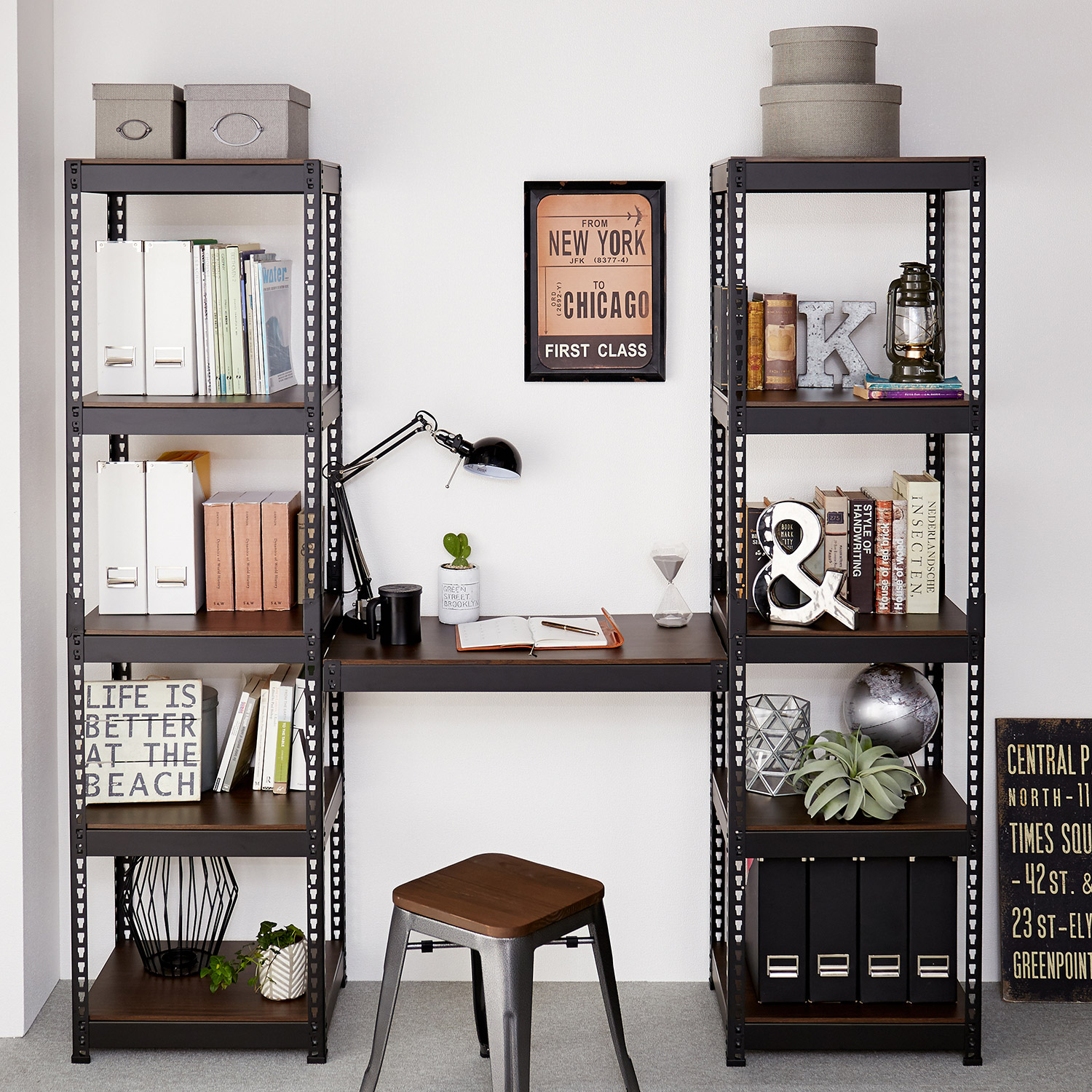 【ベルメゾン】頑丈棚板のスチールラック連結パソコンデスクセット