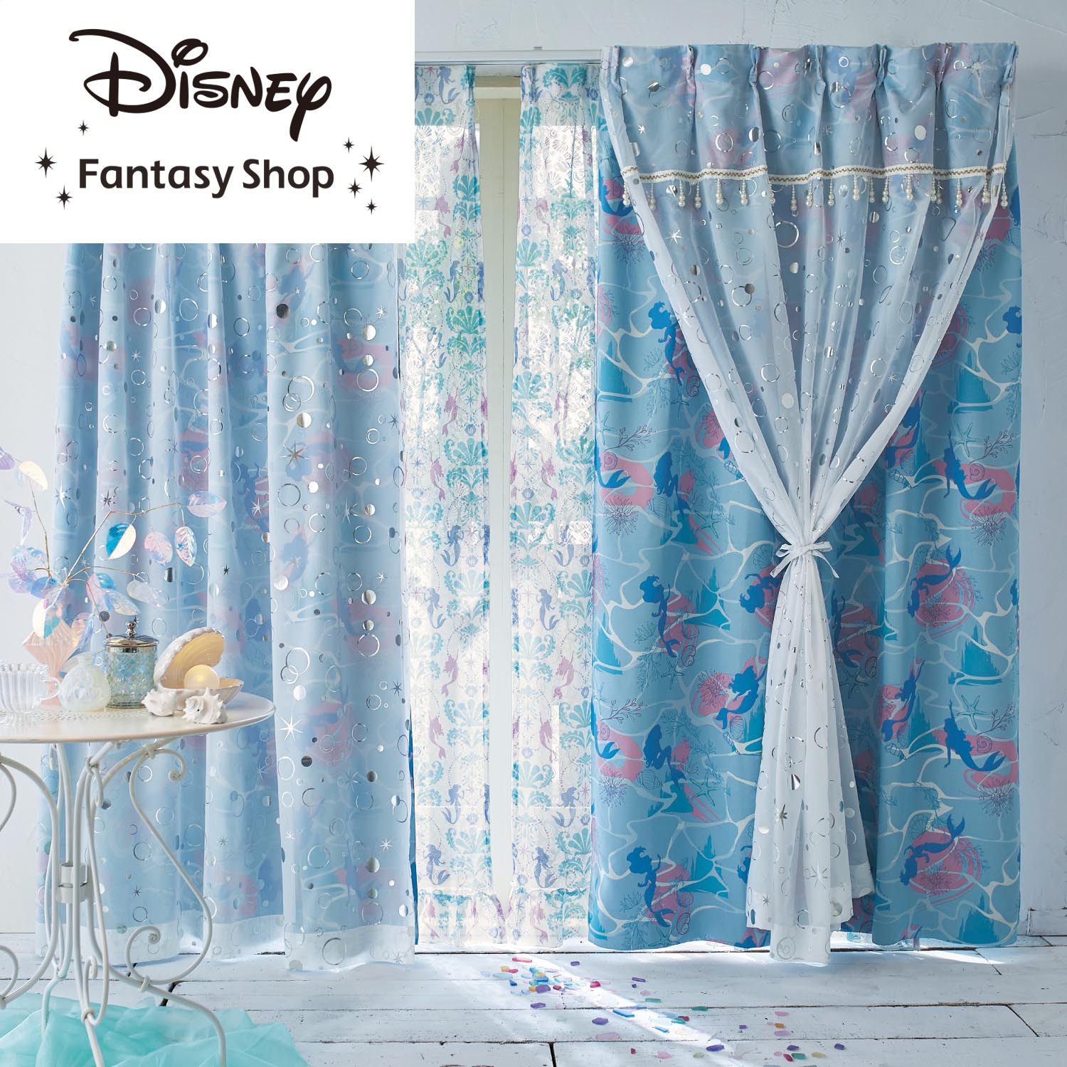 【ディズニー/Disney】箔プリントの2重遮光カーテン「アリエル」