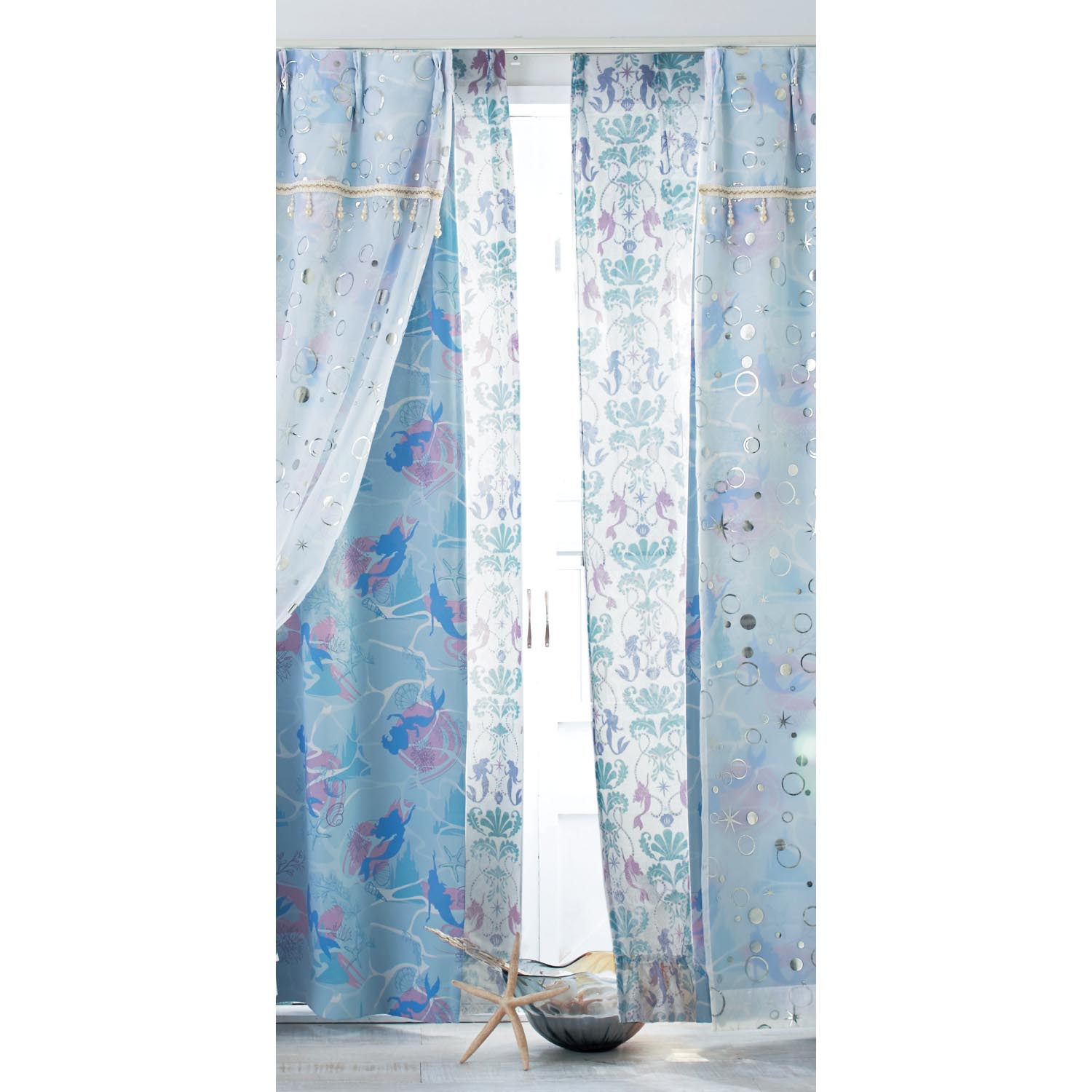 おすすめ ベルメゾン ディズニー ２枚ポイント5倍 約１００ ２０８ アリエル レースカーテン 裾フリル付きプリント 他の Oceanrepublicbrewing Com