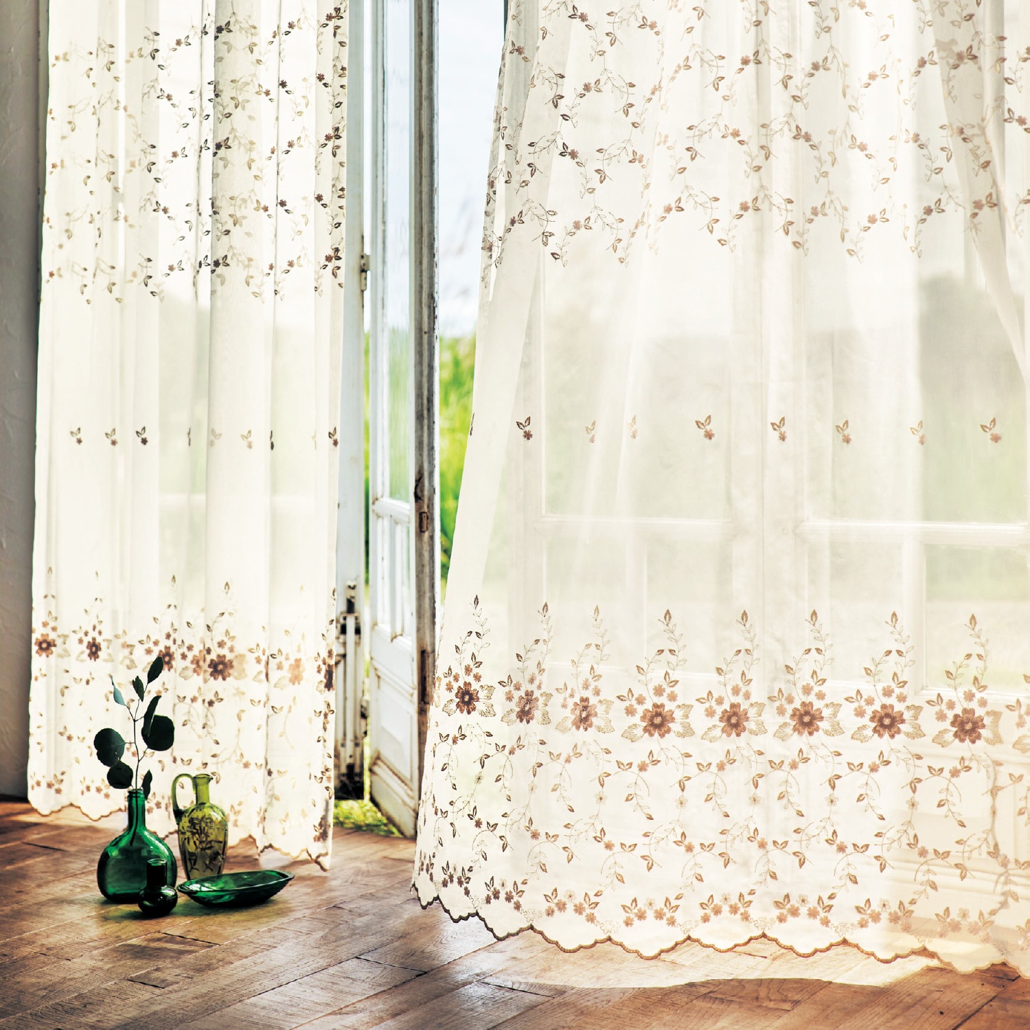 裾トリム トルコ刺繍レース生地 バラ柄 小窓 カフェカーテン - カーテン