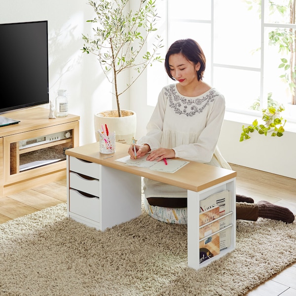 【ベルメゾン】折りたたみ式!引出し & ラック付きローデスク 【パソコンデスクとしても】