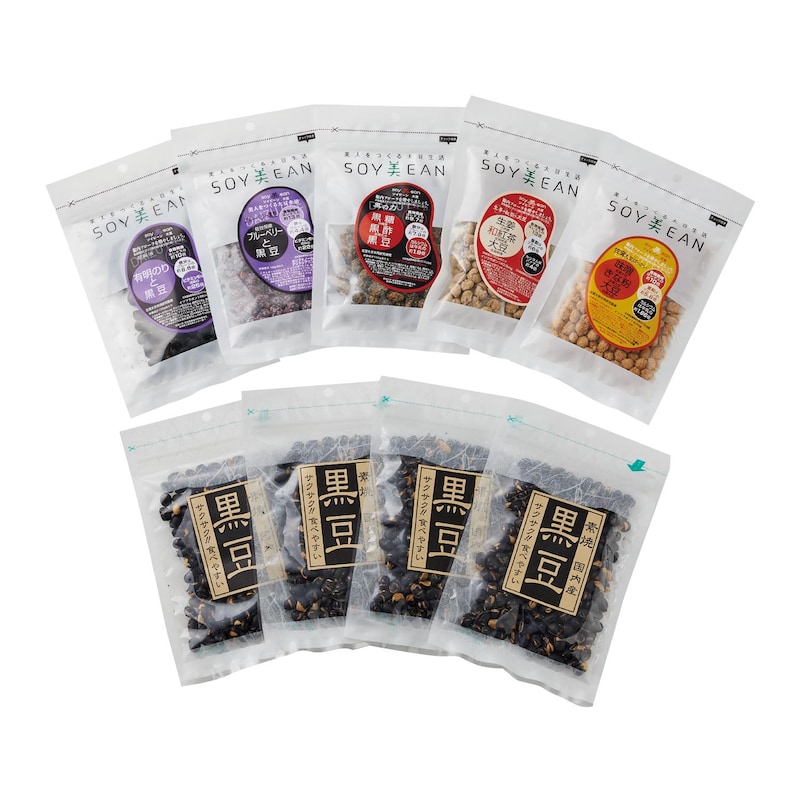 9個セット：国内産素焼き黒豆(75g)x4個、黒糖・黒酢・黒豆(68g)、ブルーベリー黒豆(68g)