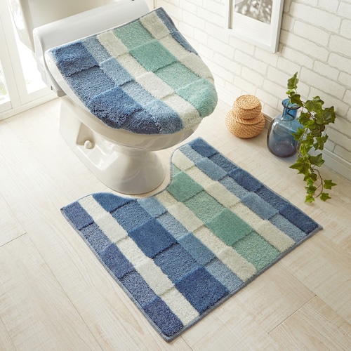 ブロックデザインのトイレマット＆マルチフタカバー（単品・セット）