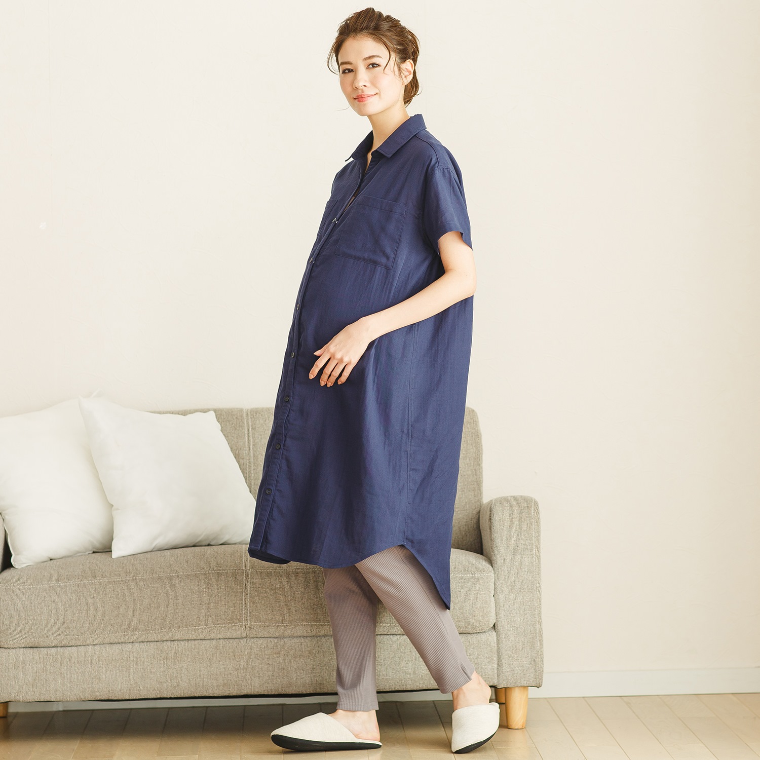 入院準備に マタニティサイズダブルガーゼ半袖シャツワンピース レギンスパジャマ 通販のベルメゾンネット 入院準備に マタニティサイズダブルガーゼ半袖シャツワンピース レギンスパジャマ 通販のベルメゾンネット
