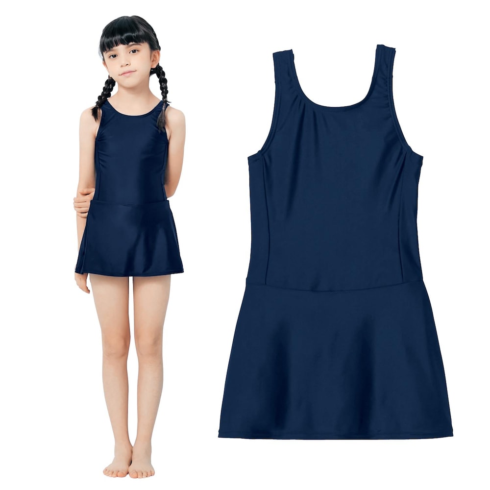 女子用の定番Aラインスクール水着です。スカート付きで体型をカバーできて、下はボックスパンツで安心。プール開きに向けて準備はお早めに。【おすすめのポイント】縦横に伸びのよい2ウェイ素材で脱ぎ着ラク女の子
