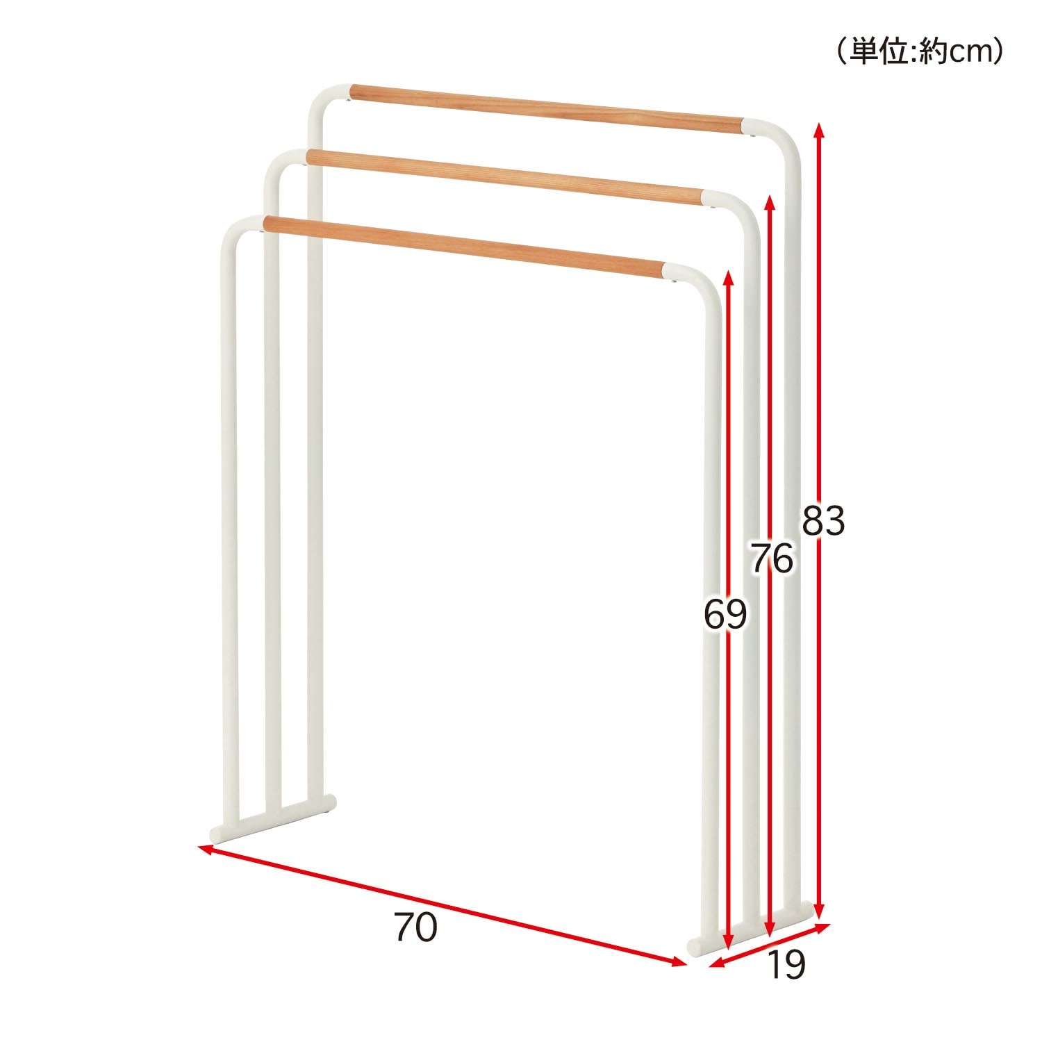 横から掛けられる3連バスタオルハンガー（バスタオルスタンド/ハンガー