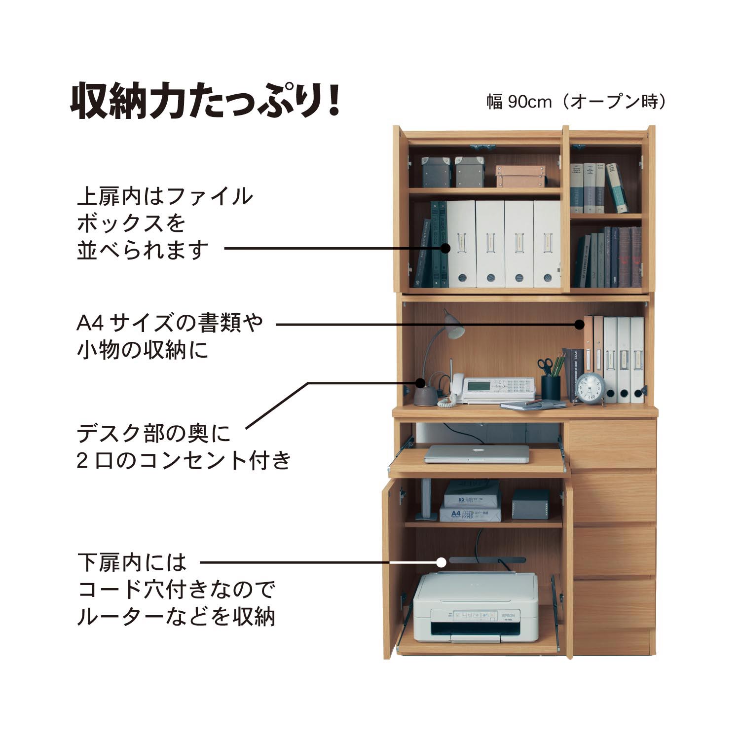 色: ホワイト】[山善] デスク 引き出し 扉収納付き (ほこりを防ぐ) 2口 ...