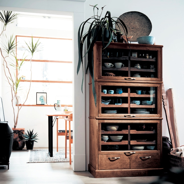 アンティーク調シャツケース風トレイ付きスタッキングキャビネット