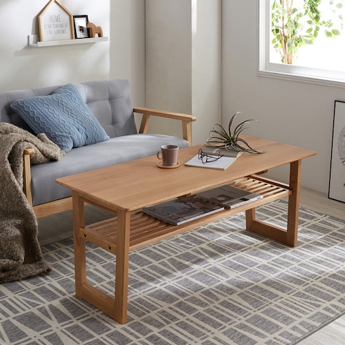 ソファーに合わせやすいタモ材の棚付きハイタイプリビングテーブル